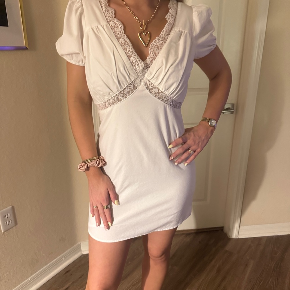 Anthropologie - White Ruched Puff Sleeve Mini Dress (Le Lis)
